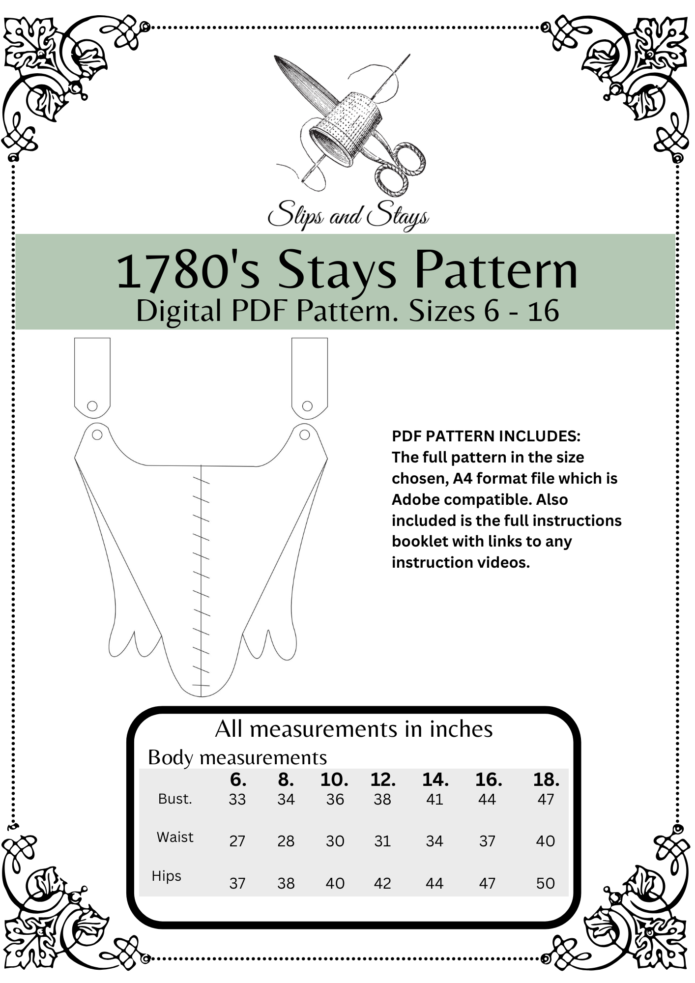 1780's Stays/Corset Digital PDF pattern Sizes 6 - 16 – Slips and Stays