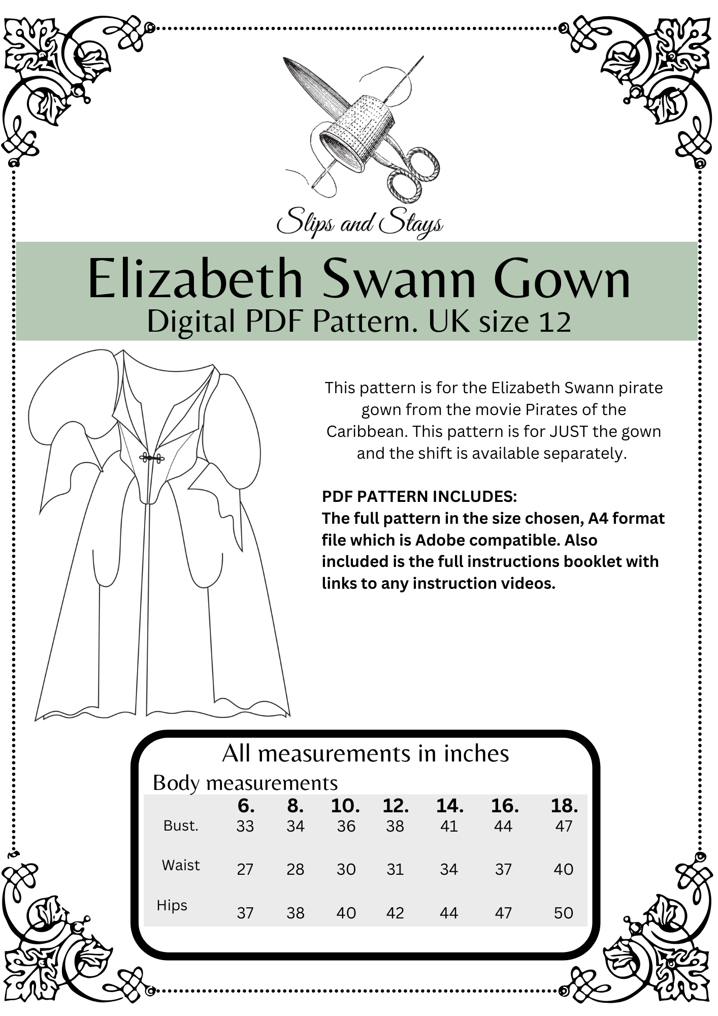 Elizabeth Swann pirates of the Caribbean gown digital pattern pdf